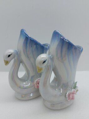 Set Of 2 Vintage Ceramic White Iridescent Swan Vase